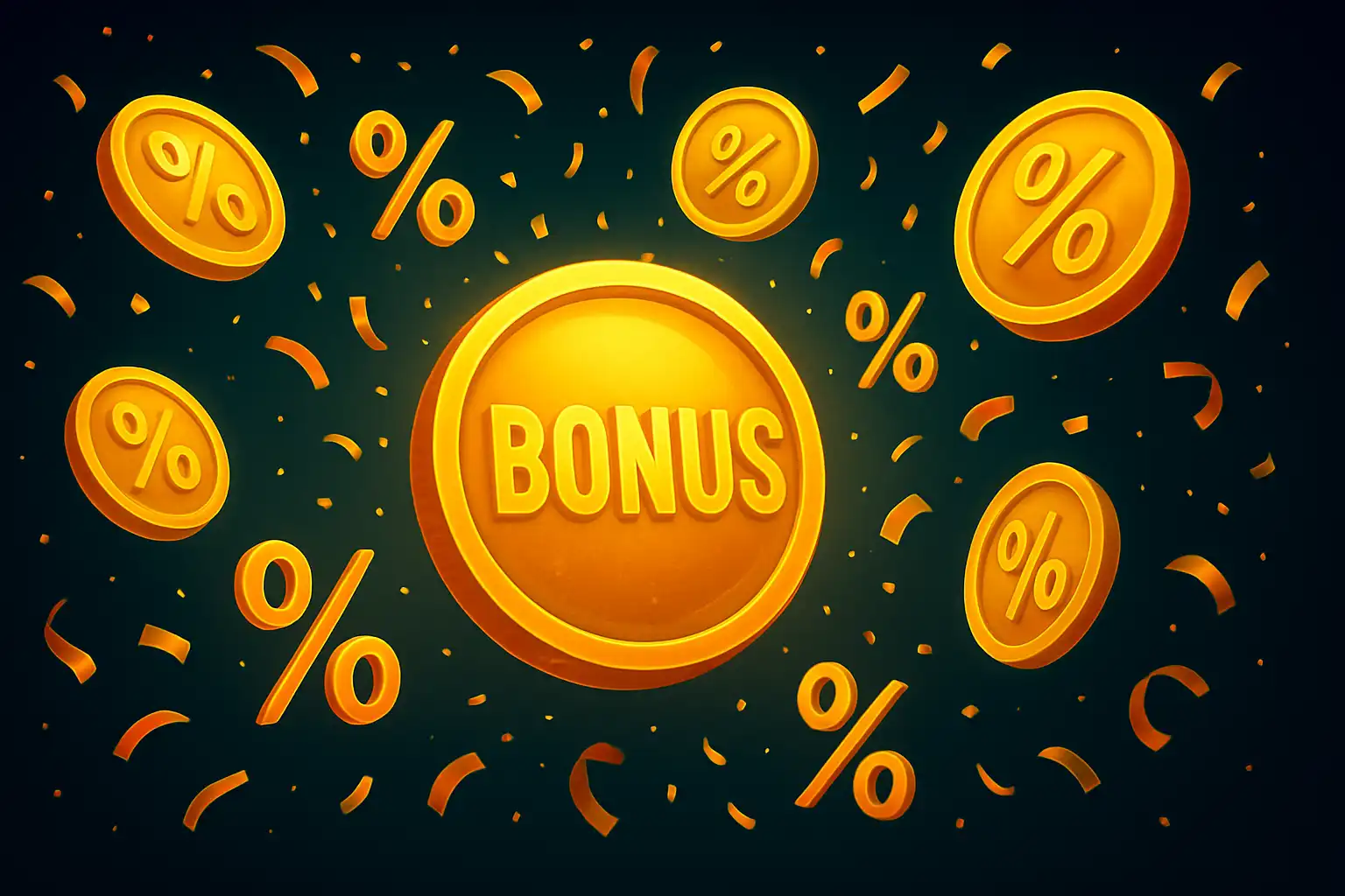 Glowing bonus coins and percentage symbols representing Citobet casino promotions